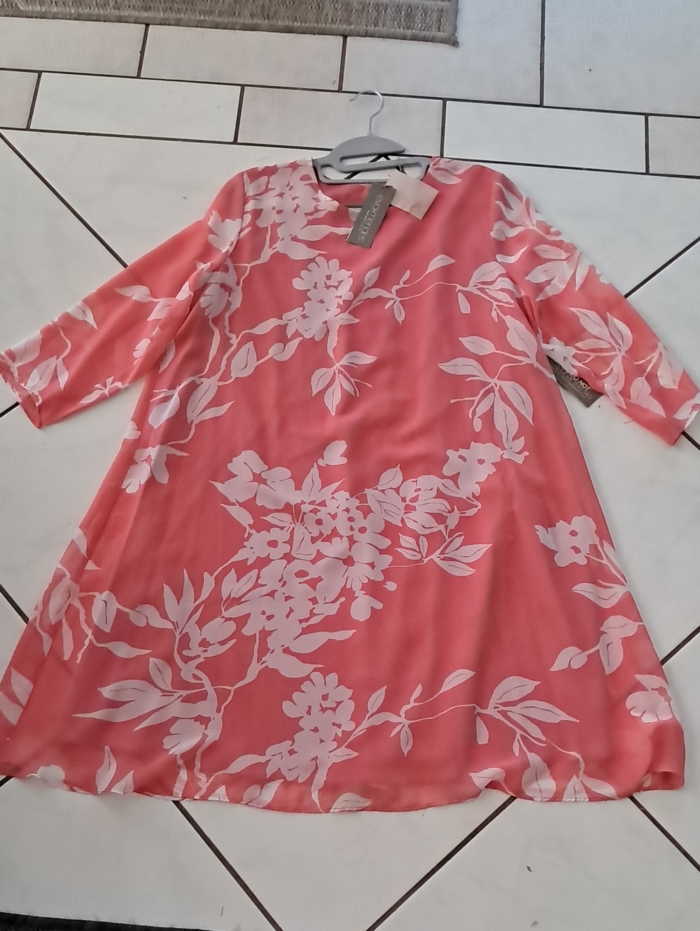 New York & Company Coral and White Floral Long-Sleeve A-Line Dress